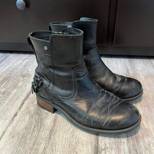 UGG Orion Biker Ankle Boots, Black Leather Low Heel, Women's US 6.5